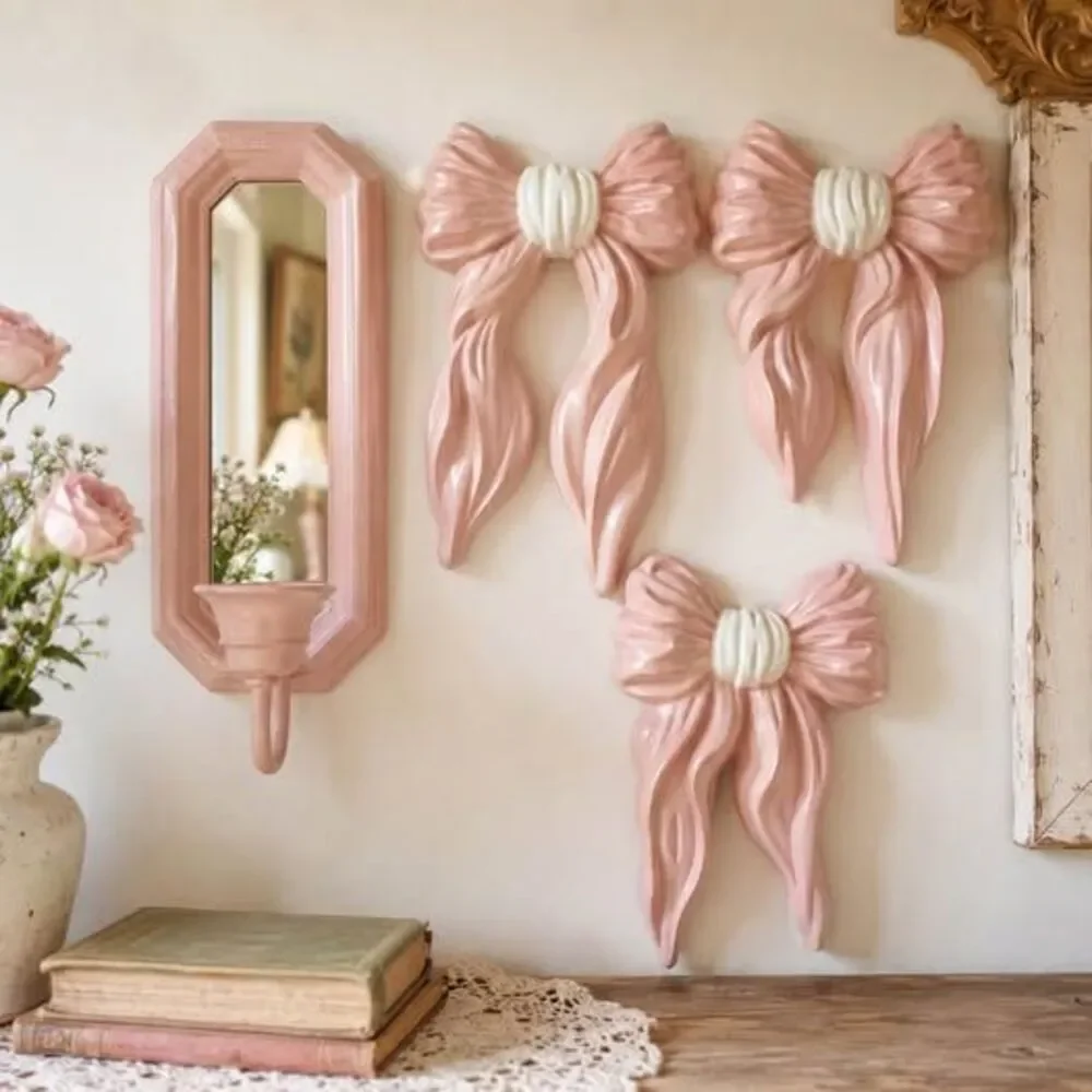 Vintage HOMCO Pink Bow Wall Decor Set Mirror Coquette Nursery 4 Piece